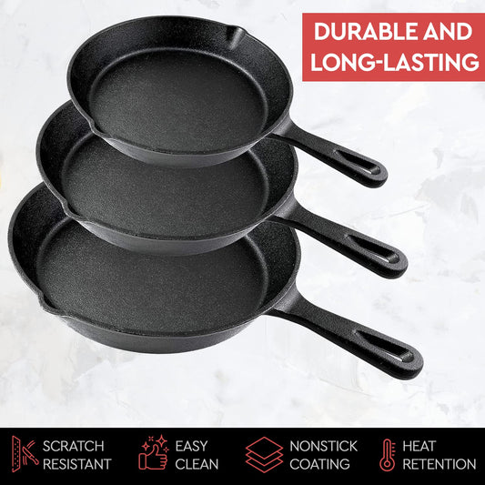 3-Piece Pre-Seasoned Cast Iron Skillet Set