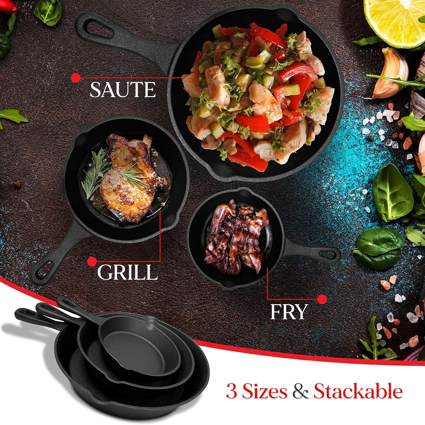3-Piece Pre-Seasoned Cast Iron Skillet Set