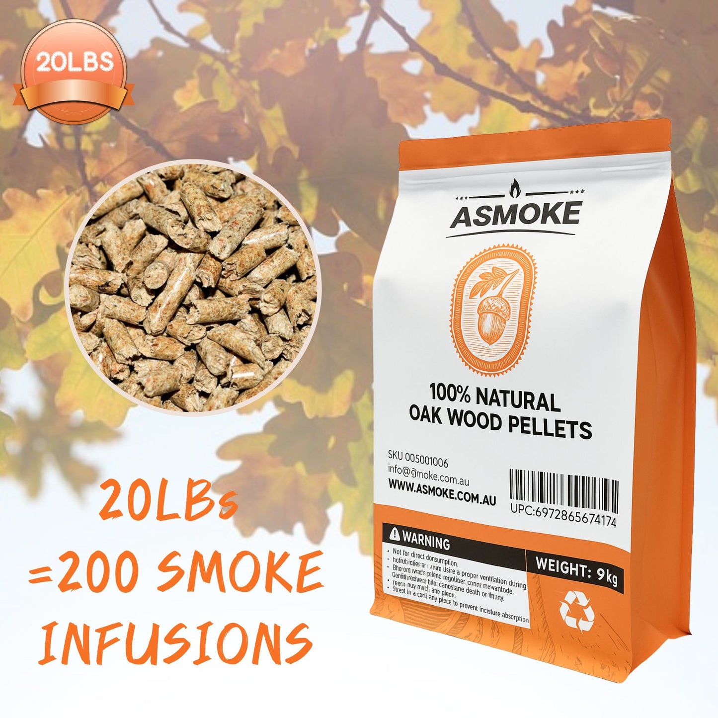 Oak Wood BBQ Pellets for Smoker & Grill (9kg / 20lbs)